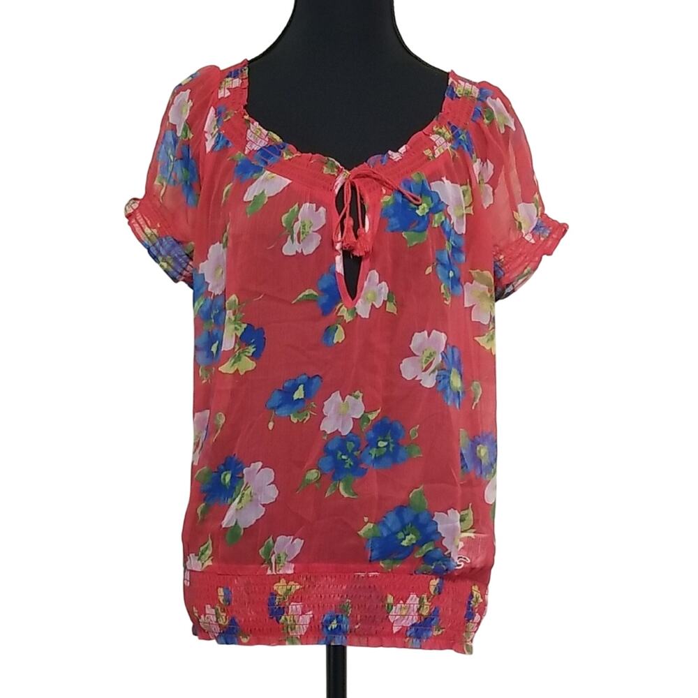 Hollister Y2K Floral Sheer Lightweight Babydoll Top Summer Spring Blouse Large